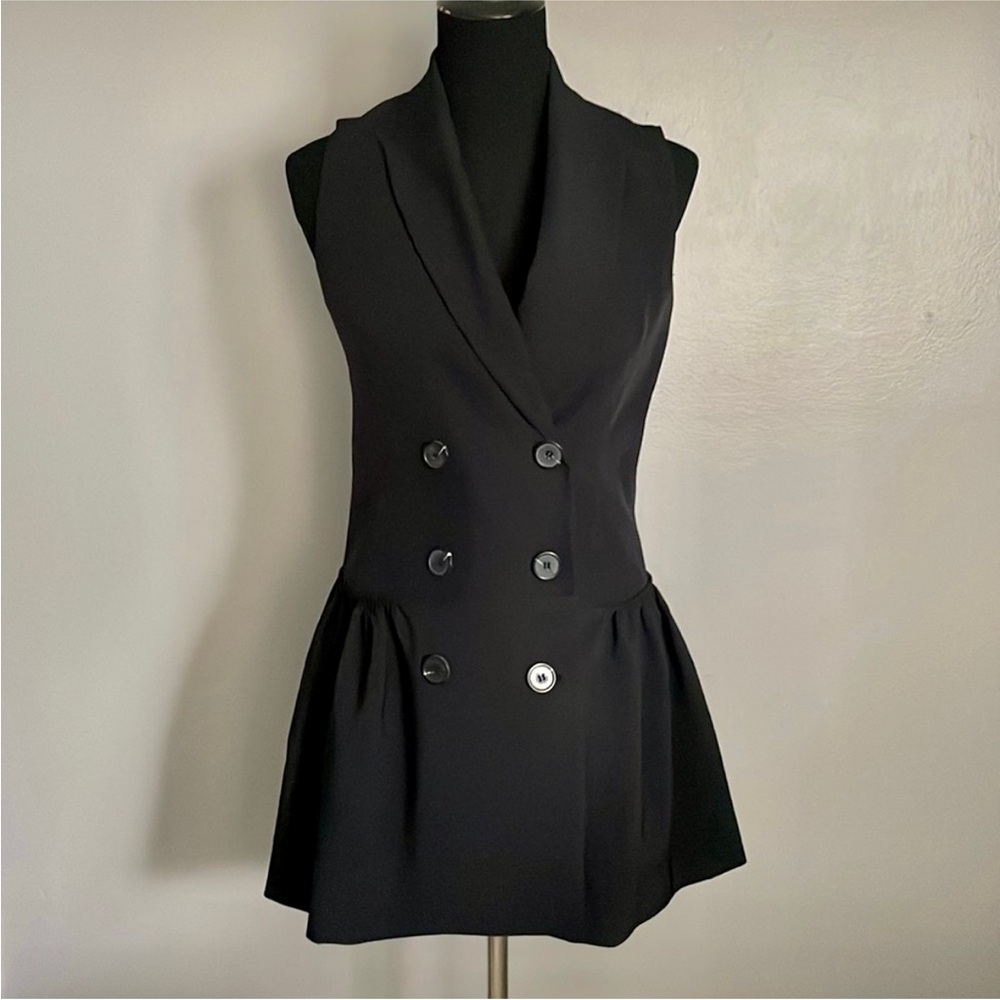 Zara NWOT double breasted drop waist Ruffle hem black sleeveless vest mini dress - Picture 3 of 5